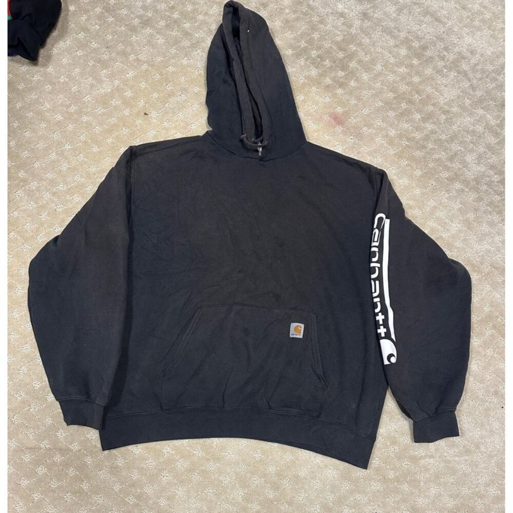 Carhartt Men's 2XL Hoodie Black Sleeve Logo Spellout Distressed Workwear K288 - Picture 1 of 3